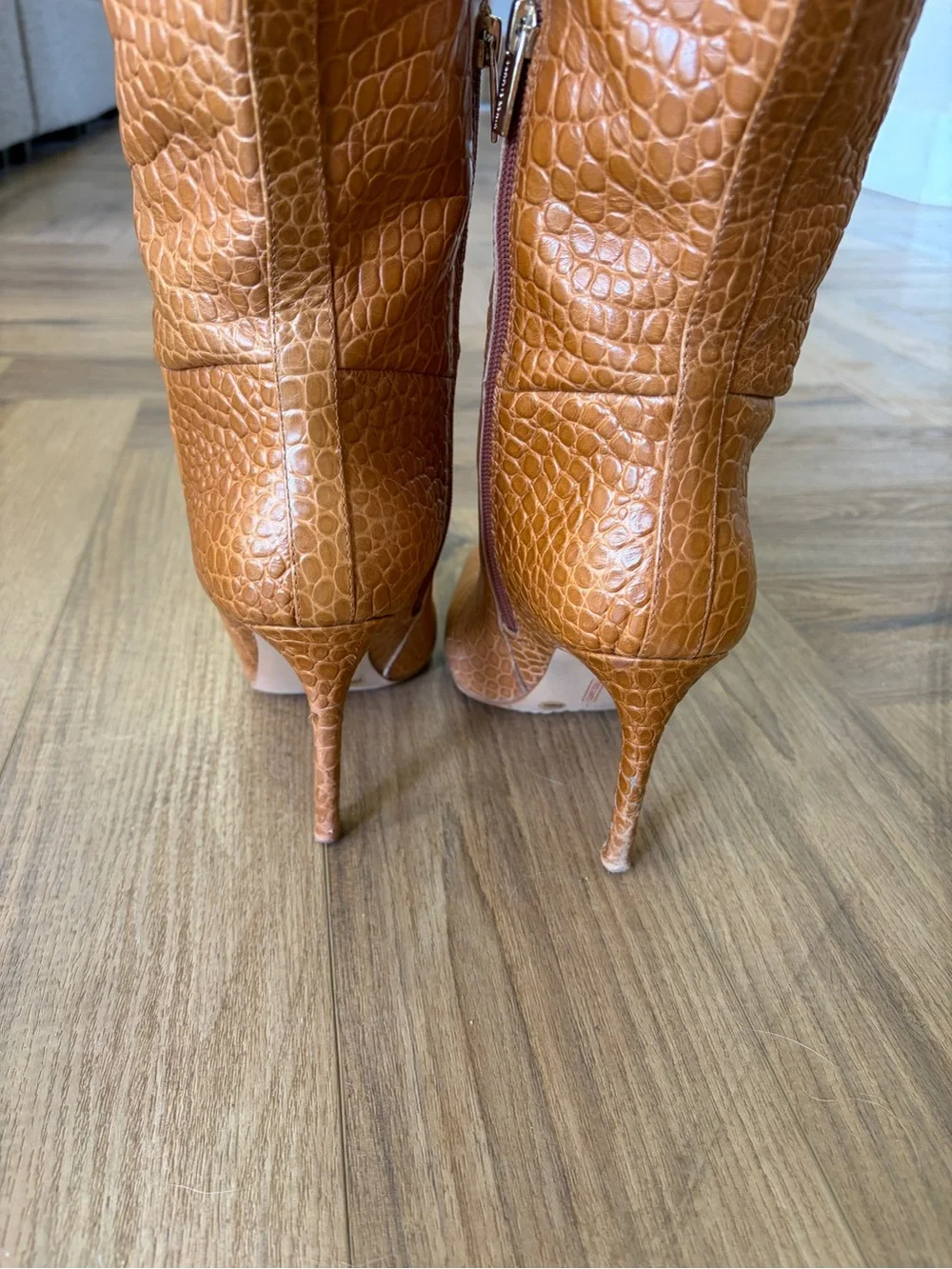 Vince Camuto Women’s Tall Croc-Embossed Pointed Toe thigh high Boots - Brown